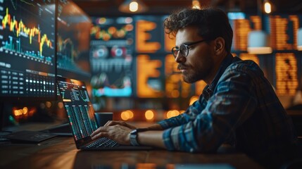 Fototapeta premium Engaged Data Analyst Working Late at a Modern Office With Multiple Monitors Displaying Financial Trends. Generative AI