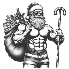 Obraz premium muscular Santa Claus in sunglasses, shorts, carrying sack of gifts and candy cane sketch engraving generative ai fictional character raster illustration. Scratch board imitation. Black and white image