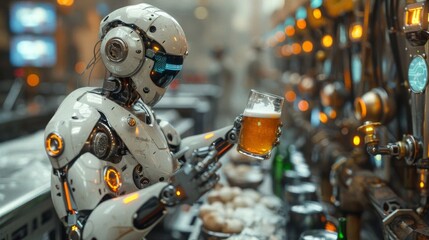 A cybernetic robot pours a beer from a tap in a futuristic brewery, surrounded by advanced brewing equipment.