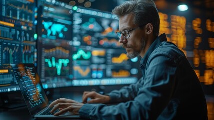 Focused Analyst Working Late at Night in a Modern Trading Environment. Generative AI