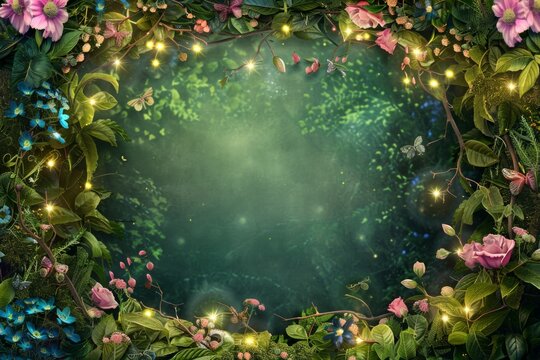 Mystical Fairy Grove Frame with delicate flowers, twinkling lights, and whimsical fairy homes. The center is a blank, enchanted grove, ideal for a magical and serene fairy-tale scene. 