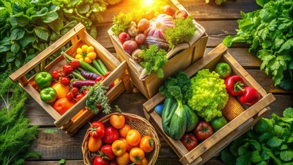 Vibrant sunlit aerial view of thank you grocery bags filled with fresh produce overflowing from a rustic wooden crate amidst lush greenery.