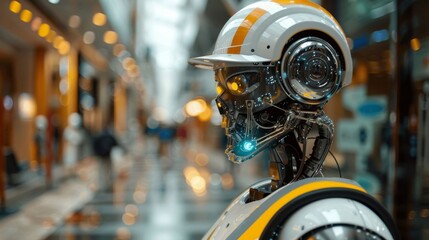 Fototapeta premium A humanoid robot in a helmet stands in a modern shopping mall with blurred background.