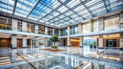 Fototapeta premium Modern office building interior with sleek glass ceiling, polished marble floor, and minimalist decor, conveying corporate sophistication and professionalism.