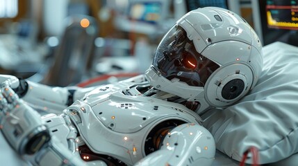 A futuristic robot patient lies in a hospital bed, surrounded by medical equipment, receiving healthcare treatment.