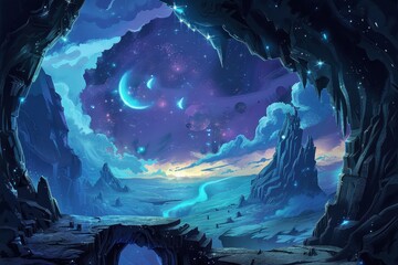 Fototapeta premium Mystical Glowing Landscape with Crescent Moons and Stars