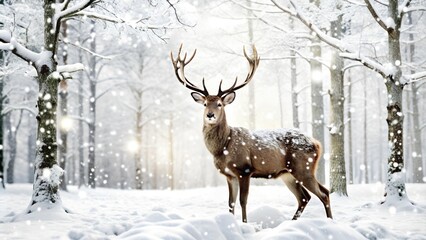 Fototapeta premium Large lonely male deer in snowy winter forest landscape. Winter fantasy postcard. Noble deer with antlers shining with golden lights in fairytale snowy forest. Christmas image. Winter wonderland.