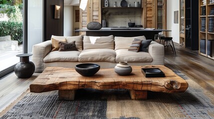 eclectic home decor, combining old-world charm with contemporary flair, a rustic wooden coffee table complements a modern sofa in the living room