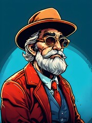 comic portrait of an old man with sunglasses and a hat