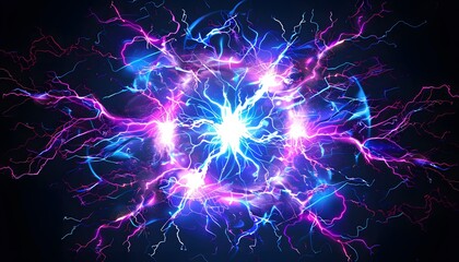 Powerful electrical round discharge hitting from side to side realistic vector illustration isolated on black background. Blazing lightning circle strike in darkness Electric energy flash light effect