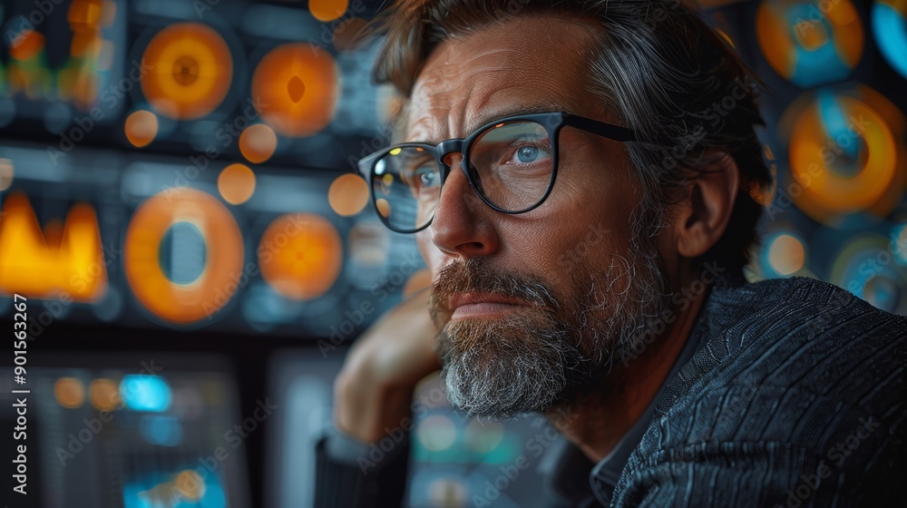 Aufkleber focused professional analyzing data on monitors while working late at an urban office. generative ai