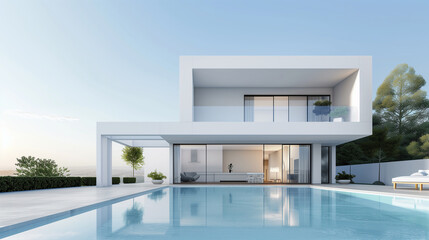 Fototapeta premium Sleek modern house with a large swimming pool, minimalist design, and expansive glass windows overlooking a serene landscape.