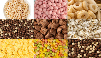 Breakfast cereal balls mix texture background, crunchy corn cereals collage, color crispy corn balls pattern