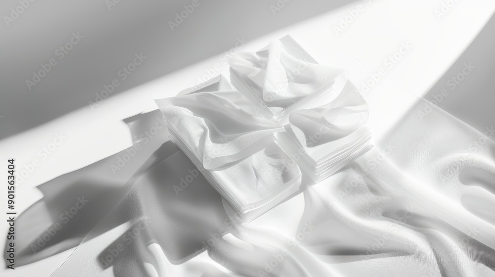 Poster soft shadows and minimalist abstract background created by flowing white fabric over stacks of white