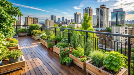 Fototapeta premium Lush green urban balcony patio garden overflowing with organic vegetables and herbs, surrounded by modern cityscape, complete with Railings, planters, and wooden decking.
