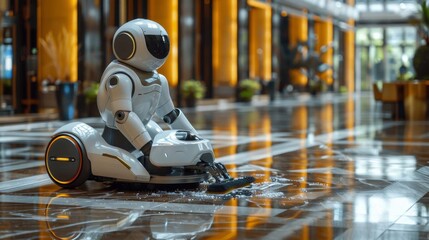 Fototapeta premium A futuristic humanoid robot janitor in a spotless, high-tech office building, wearing a simple uniform.
