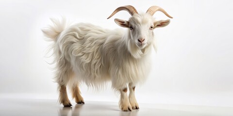 Obraz premium Adorable white goat standing upright on all fours, with fluffy fur and curved horns, facing forward with gentle eyes on a pure white isolated background.