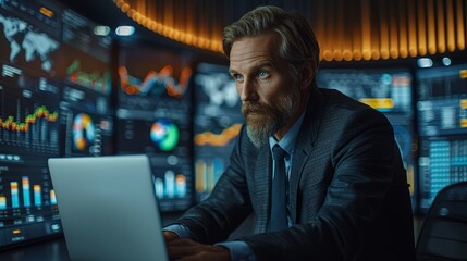 Professional Businessman Analyzing Data on Laptop in Modern Office During Evening. Generative AI