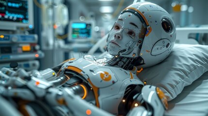 Fototapeta premium A humanoid robot lying on a hospital bed connected to medical equipment in a futuristic hospital ward.