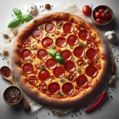 The image features a pizza pepperoni, isolated on a white background, with a full depth of field.