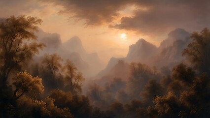 Landscape wallpaper design, oil painting, mountain and trees, mural art