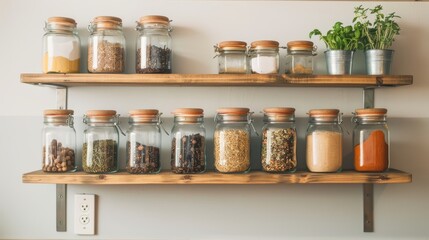 A rustic shelf filled with glass jars containing various spices and ingredients, enhancing kitchen decor and organization.