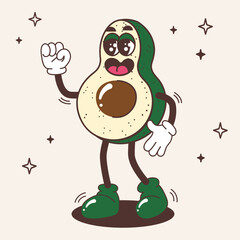 Groovy avocado fruit character. Fruit in retro vintage trendy style. Modern illustration with cute comics characters. Funny vector mascot. 60 -70s vibes sticker.