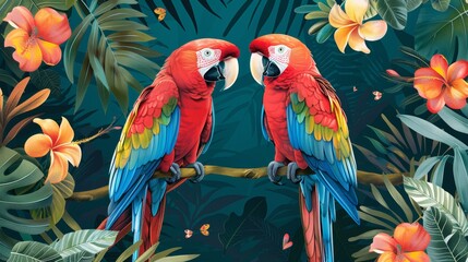 Obraz premium tropical bird print, cheerful pattern featuring vivid parrot illustrations intertwined with tropical elements for a lively vibe