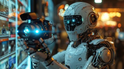 Fototapeta premium A high-tech humanoid robot using a digital camera, interacting with a user interface in a futuristic urban indoor setting at night.