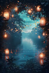 Obraz premium Mystical floating lanterns with dark waters, and a starlit sky. The serene river, perfect for a tranquil and enchanting scene