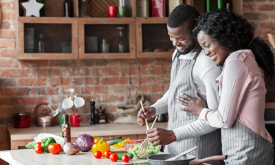 African american family in love cooking dinner together, woman embracing her husband, copy space
