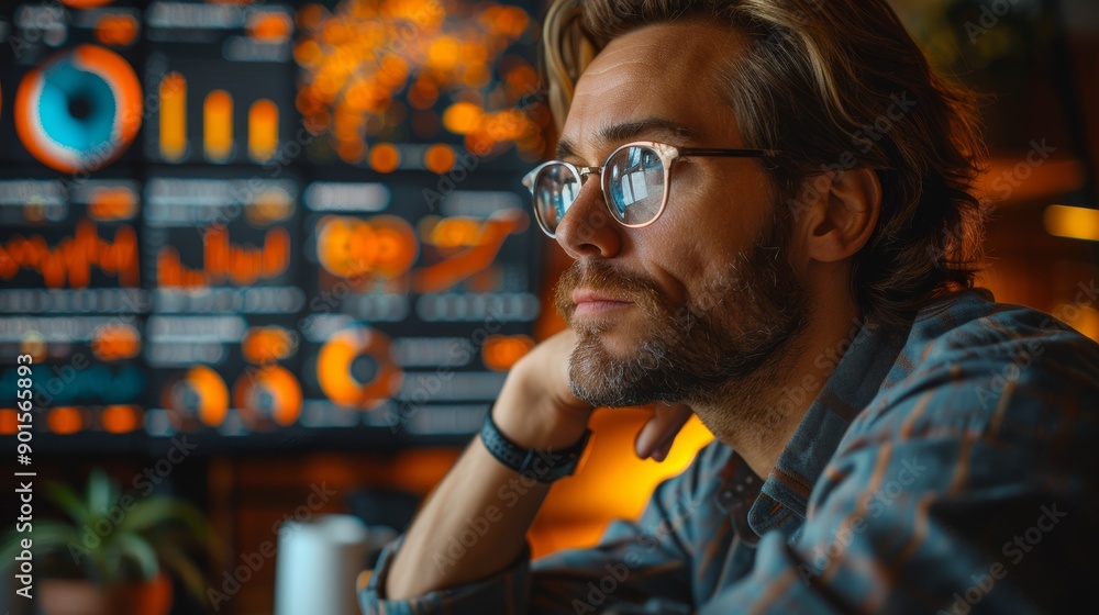 Poster thoughtful man analyzing data visualizations in cozy office during evening hours. generative ai