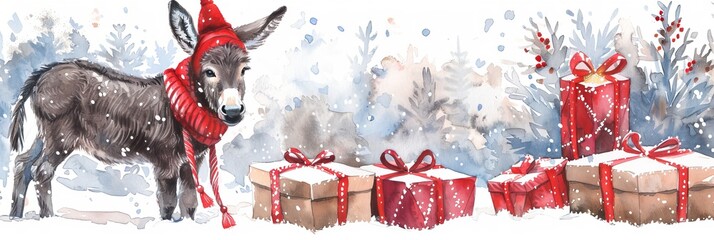 Watercolor Stock image featuring a jolly donkey dressed in festive clothing