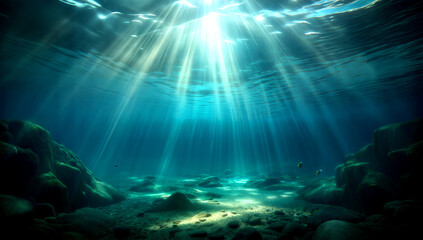 marine scene, ocean depths with sunlight rays, wallpaper, background for presentation, for design template, party, festive, seminar, banner, flyer, card, for brochure cover
