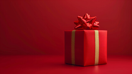 Obraz premium Red gift box present with gold ribbon bow isolated on a flat red background, birthday or Christmas day celebration. Banner design with space for text.