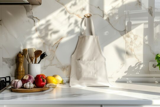 Mockup of plain apron on a kitchen counter