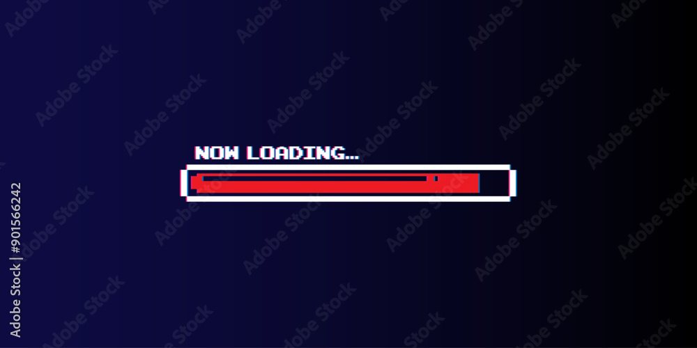 Poster pixel 8-bit loading bar with glitch effect.