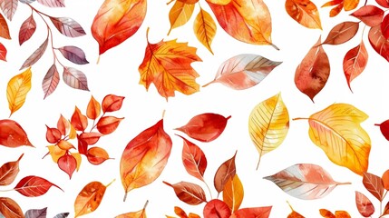 Obraz premium Autumn leaves in white watercolor seamless background, seamless background, pattern, white, watercolor