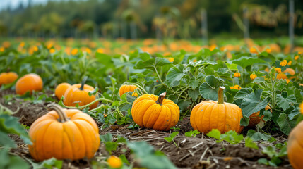 Close-up of a lively pumpkin patch with assorted pumpkins and bright fall foliage, exuding a vibrant, festive vibe.
