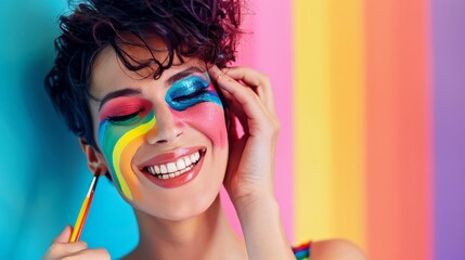 Non-binary person getting ready for a Pride event, putting on makeup and smiling