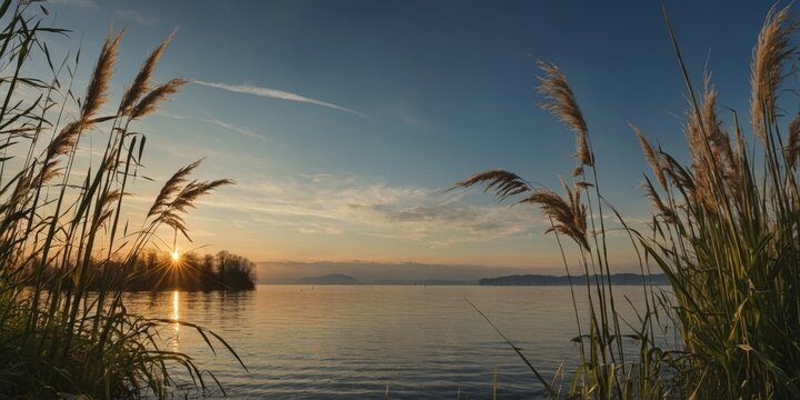 Reed grass on the shore of Lake Constance, evening mood, Uhldingen, Baden-Wuerttemberg, Germany, Europe.