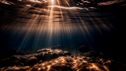 Obraz premium aquatic view, sunbeams illuminating underwater coral reef, wallpaper, background for presentation 