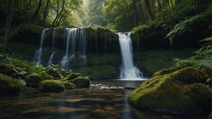 Fototapeta premium Scenic waterfall in a lush forest, tranquil scene, natural beauty.