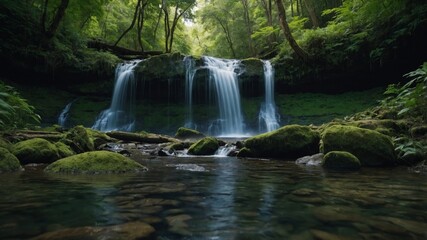 Scenic waterfall in a lush forest, tranquil scene, natural beauty.