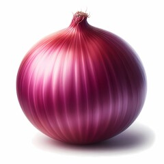 The image depicts a red onion, isolated on a white background, with a full depth of field.