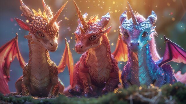 Three Adorable Baby Dragons with Colorful Scales in a Fantasy Setting