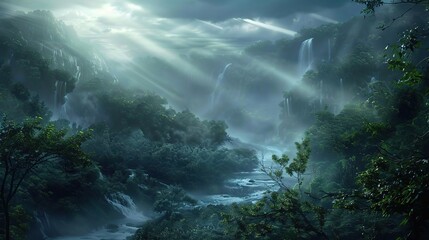 Enchanted Jungle Waterfall: Nature, Landscape, Tropical, Rainforest, Green, Water, Forest, Scenic, Travel, Lush, Paradise, Exotic, Serenity, Tranquility, Beautiful, Breathtaking, Wilderness