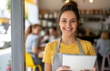 Smiling Waitress Using Tablet in Cafe