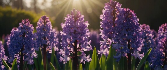 Radiant Purple Hyacinths in Sunlight - Double Exposure Silhouette Landscape with Vivid Shades of Petals and Copy Space.