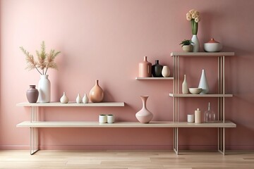 Soft pink wall serves as a serene backdrop for a sleek shelf adorned with elegant vases in various shapes and sizes, creating a modern interior oasis.
